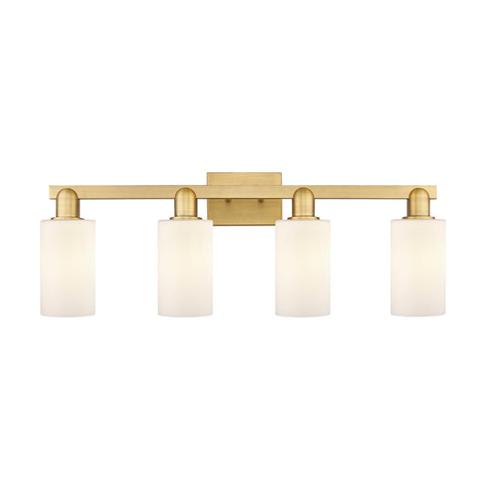 Innovations Clymer 31in 4-Light Bath Vanity Light | Industrial Brushed Brass and Matte White Glass | Bathroom Vanity | Model 716-4W-BB-G801