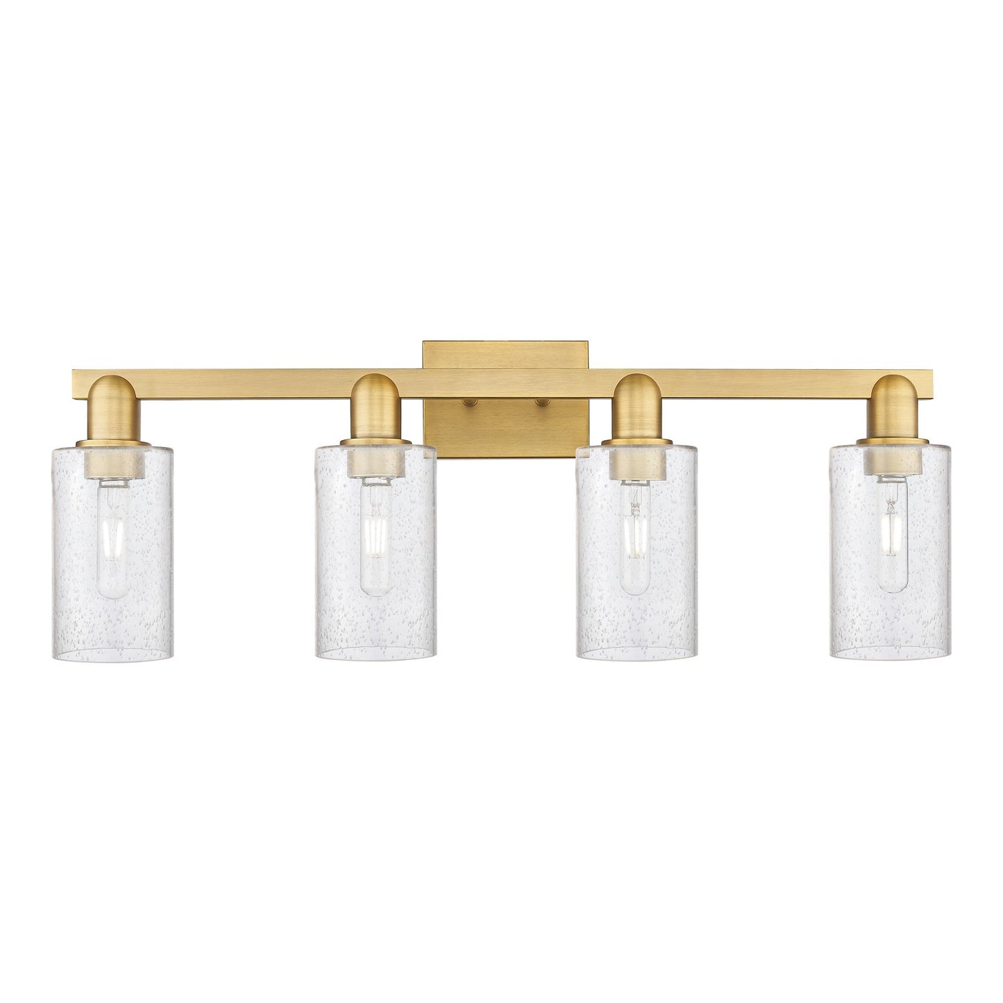 Innovations Clymer 31in 4-Light Bath Vanity Light | Industrial Brushed Brass Steel and Seedy Glass | Bathroom Vanity | Model 716-4W-BB-G804
