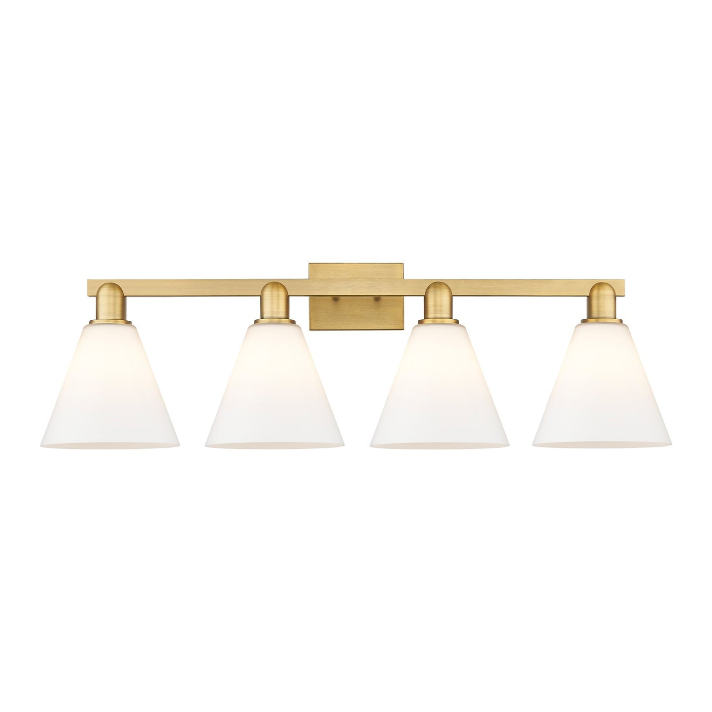 Innovations Berkshire Glass 35in 4-Light Bath Vanity | Industrial Brushed Brass Steel and Matte White Glass Cone Shade | Bathroom | Model 716-4W-BB-GBC-81