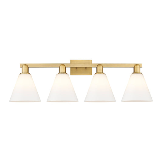 Innovations Berkshire Glass 35in 4-Light Bath Vanity | Industrial Brushed Brass Steel and Matte White Glass Cone Shade | Bathroom | Model 716-4W-BB-GBC-81