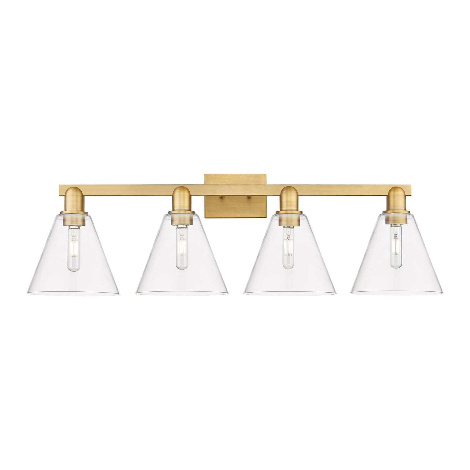 Innovations Berkshire Glass 35in 4-Light Bath Vanity Light | Industrial Brushed Brass and Clear Cone Glass | Bathroom Vanity | Model 716-4W-BB-GBC-82