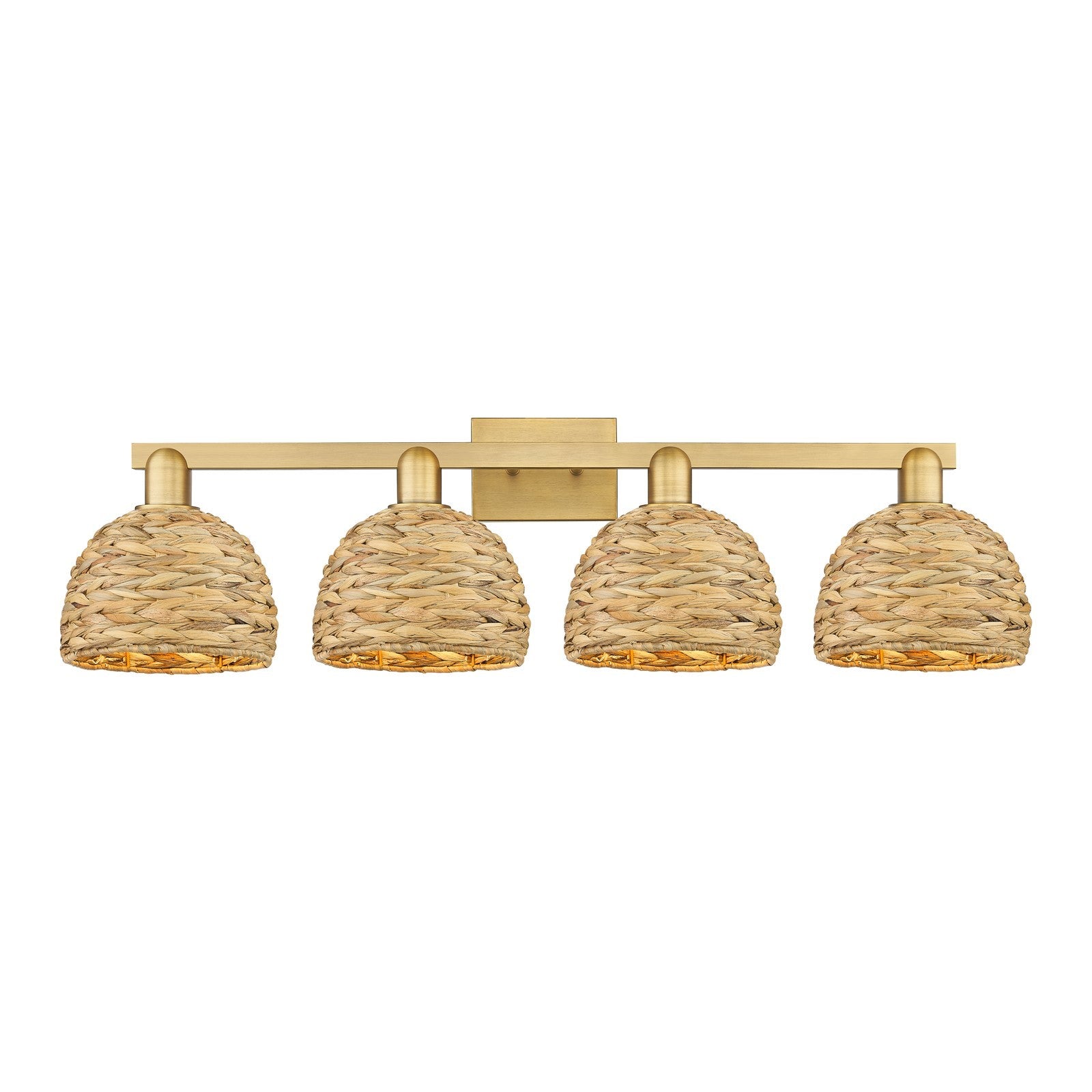Innovations Woven Rattan 35in 4-Light Bath Vanity Light | Industrial Brushed Brass and Natural Fiber Dome Shade | Bathroom | Model 716-4W-BB-RBD-8-NAT