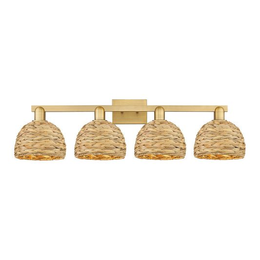 Innovations Woven Rattan 35in 4-Light Bath Vanity Light | Industrial Brushed Brass and Natural Fiber Dome Shade | Bathroom | Model 716-4W-BB-RBD-8-NAT