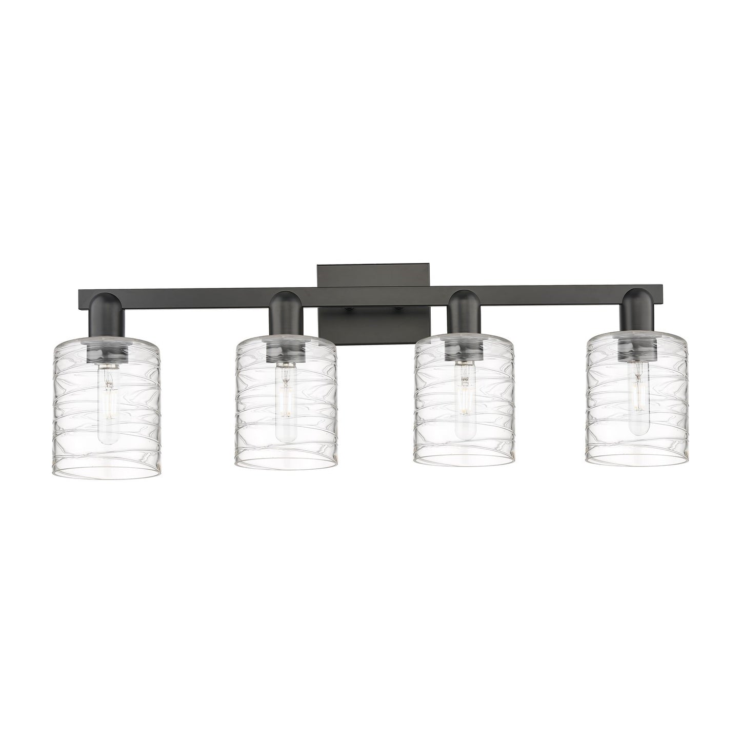 Innovations Cobbleskill 32in 4-Light Bath Vanity Light | Industrial Matte Black Steel and Deco Swirl Clear Glass | Bathroom Vanity | Model 716-4W-BK-G1113