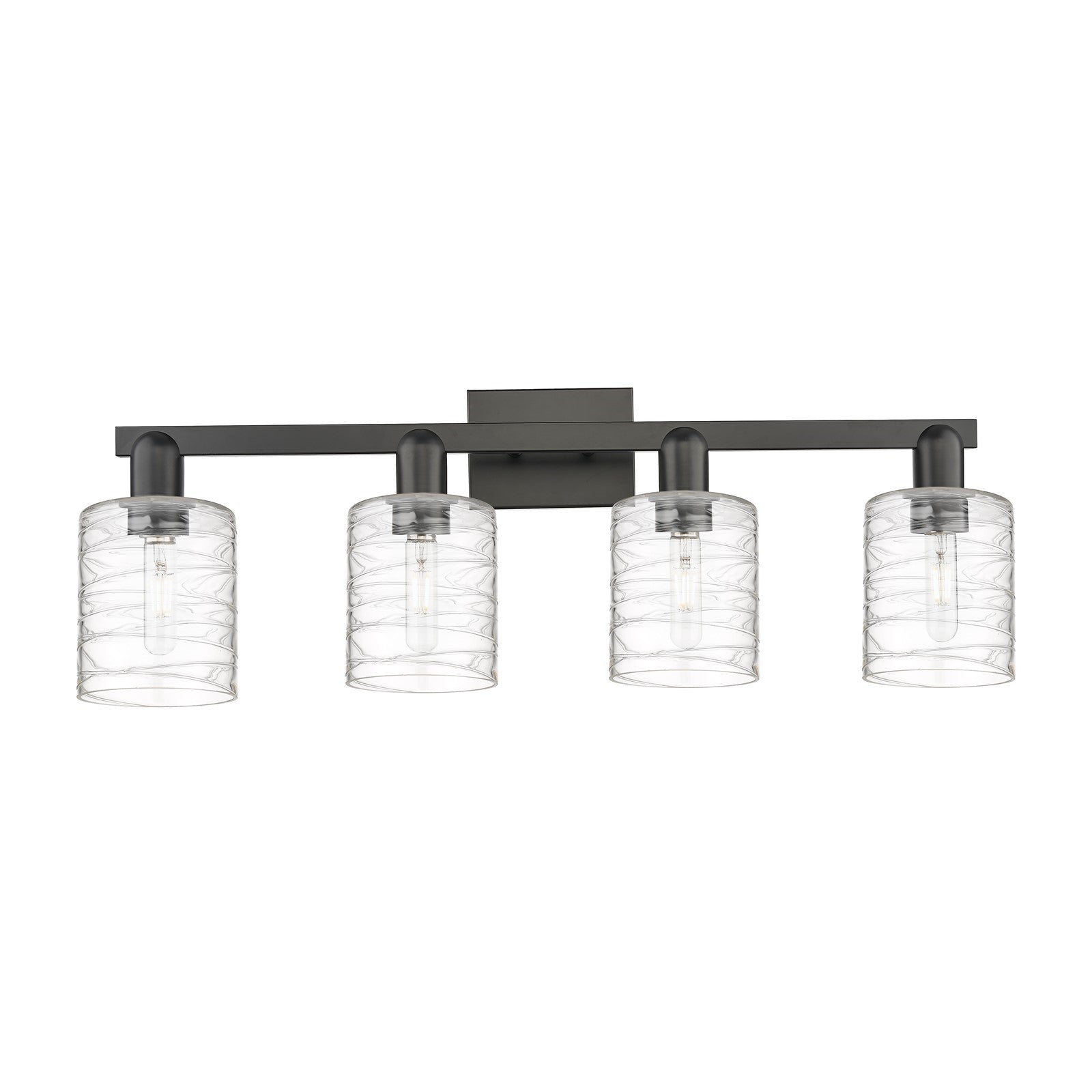 Innovations Cobbleskill 32in 4-Light Bath Vanity Light | Industrial Matte Black Steel and Deco Swirl Clear Glass | Bathroom Vanity | Model 716-4W-BK-G1113