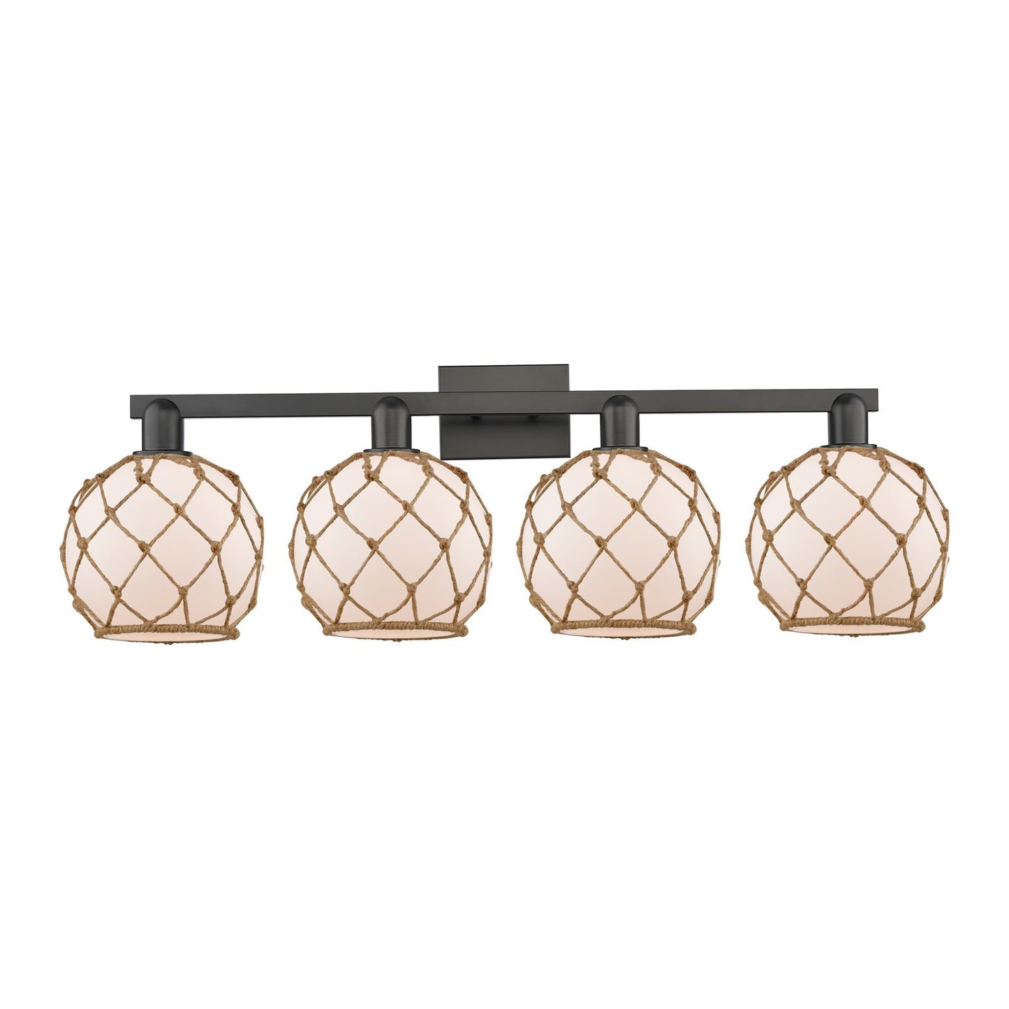 Innovations Farmhouse Rope 35in 4-Light Bath Vanity | Industrial Matte Black Steel and White Frosted Glass with Brown Rope | Model 716-4W-BK-G121-8RB