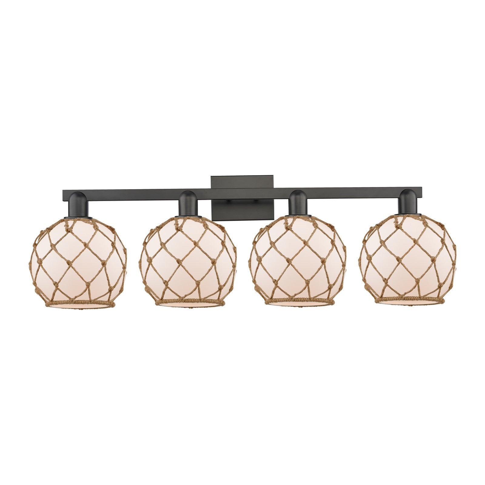 Innovations Farmhouse Rope 35in 4-Light Bath Vanity | Industrial Matte Black Steel and White Frosted Glass with Brown Rope | Model 716-4W-BK-G121-8RB
