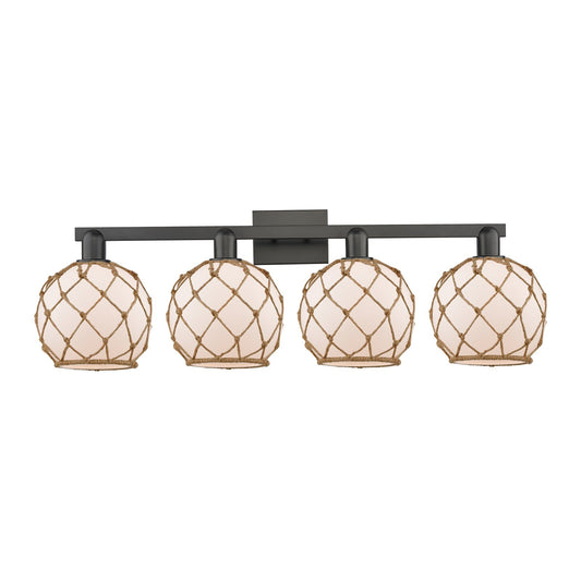 Innovations Farmhouse Rope 35in 4-Light Bath Vanity | Industrial Matte Black Steel and White Frosted Glass with Brown Rope | Model 716-4W-BK-G121-8RB