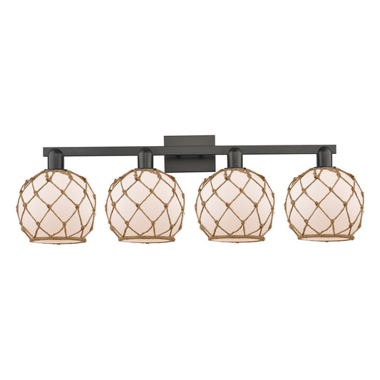 Innovations Farmhouse Rope 35in 4-Light Bath Vanity | Industrial Matte Black Steel and White Frosted Glass Rope Shade | Model 716-4W-BK-G121-8RW
