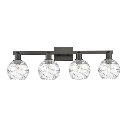 Innovations Athens Deco Swirl 36in 4-Light Bath Vanity Light | Industrial Matte Black Steel and Clear Deco Swirl Glass | Model 716-4W-BK-G1213-6CL