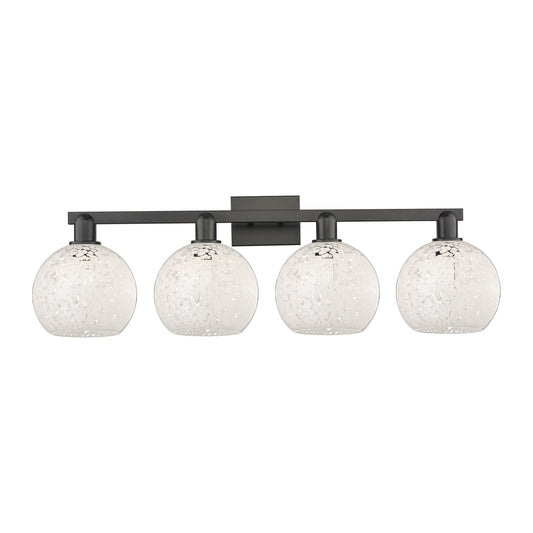 Innovations Lighting White Mouchette 35in 4-Light Bath Vanity | Industrial Modern Matte Black Steel and White Glass | Bathroom | Model 716-4W-BK-G1216-8WM