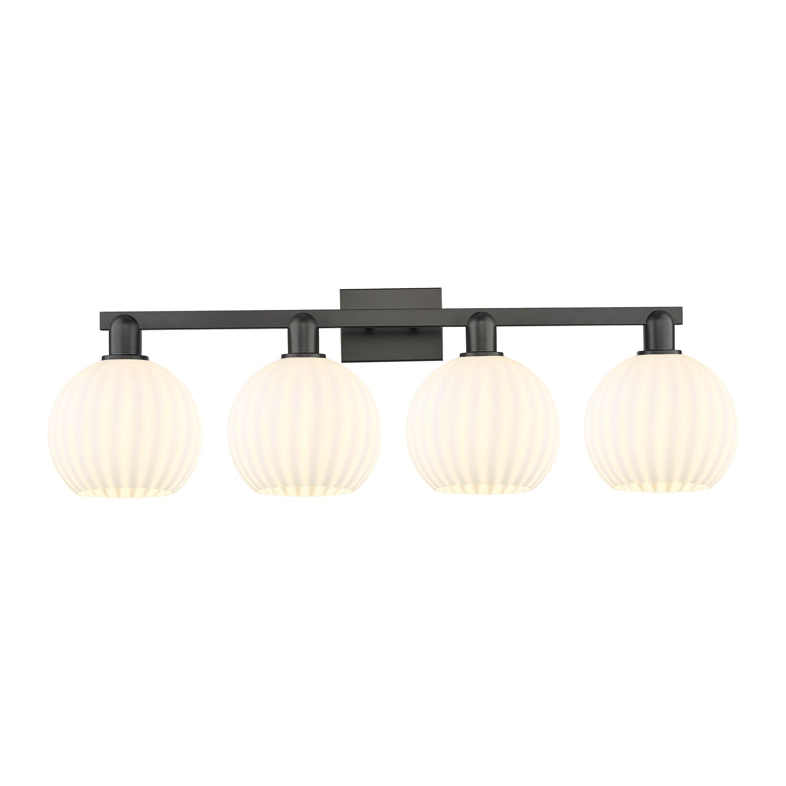 Innovations White Venetian 35in 4-Light Bath Vanity | Industrial Matte Black Steel and White Venetian Glass | Bathroom Vanity | Model 716-4W-BK-G1217-8WV