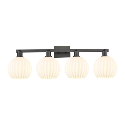 Innovations White Venetian 35in 4-Light Bath Vanity | Industrial Matte Black Steel and White Venetian Glass | Bathroom Vanity | Model 716-4W-BK-G1217-8WV
