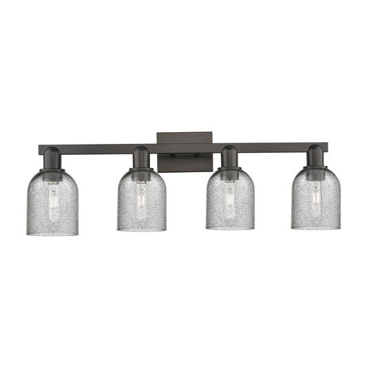 Innovations Caledonia 32in 4-Light Bath Vanity Light | Industrial Matte Black Steel and Charcoal Glass | Bathroom Vanity | Model 716-4W-BK-G257