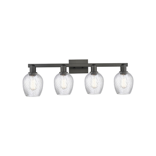 Innovations Salina 33in 4-Light Bath Vanity Light | Industrial Matte Black Steel and Clear Spiral Fluted Glass | Bathroom Vanity | Model 716-4W-BK-G292