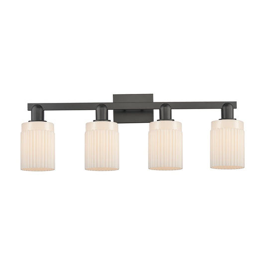 Innovations Hadley 32in 4-Light Bath Vanity Light | Industrial Matte Black Steel and Matte White Ribbed Glass | Bathroom Vanity | Model 716-4W-BK-G341