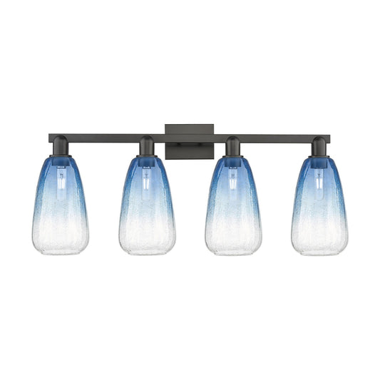 Innovations Brookhaven Almond 33in 4-Light Bath Vanity | Industrial Modern Matte Black Steel and Sapphire Blue Glass | Bathroom | Model 716-4W-BK-G480-6SB