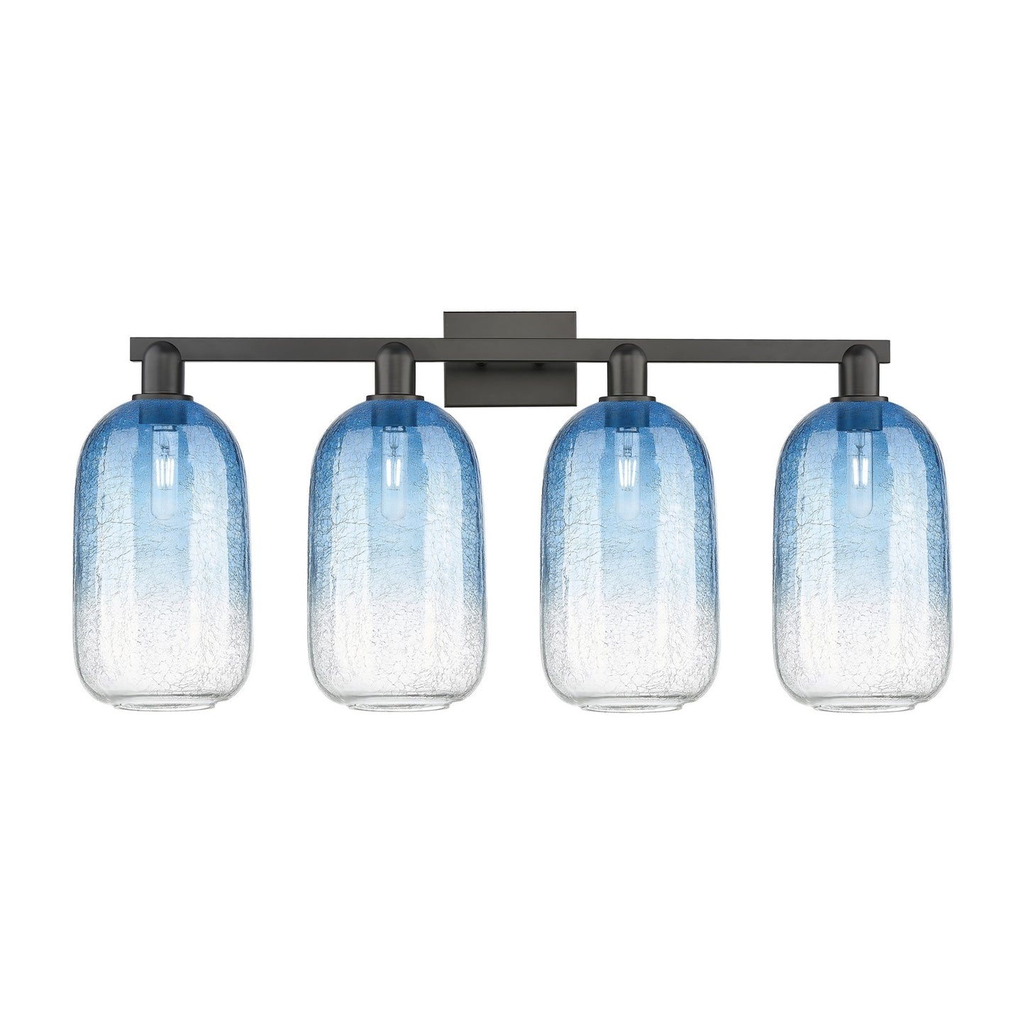 Innovations Brookhaven Cloche 34in 4-Light Bath Vanity | Industrial Matte Black Steel and Sapphire Blue Glass | Bathroom Vanity | Model 716-4W-BK-G482-7SB