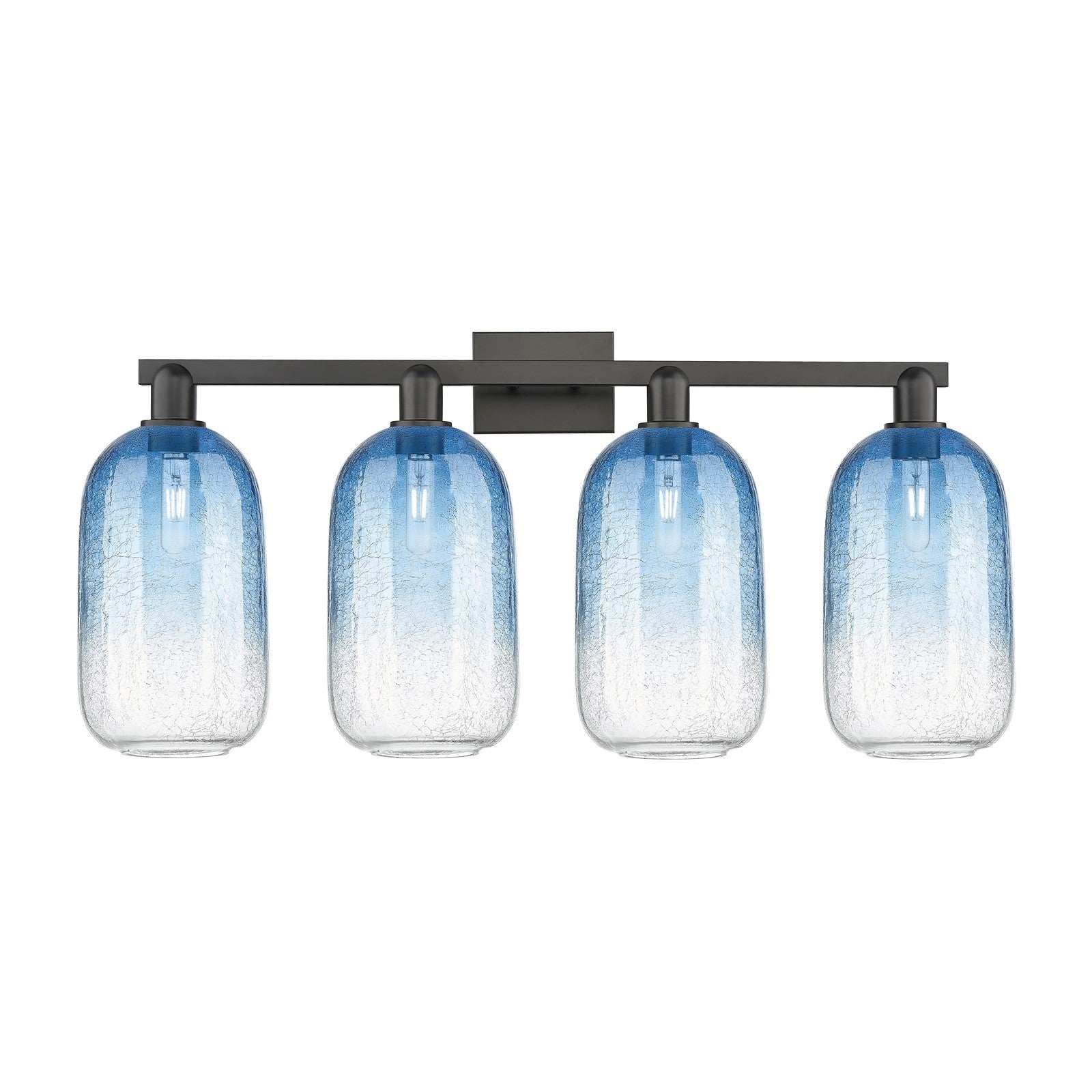 Innovations Brookhaven Cloche 34in 4-Light Bath Vanity | Industrial Matte Black Steel and Sapphire Blue Glass | Bathroom Vanity | Model 716-4W-BK-G482-7SB