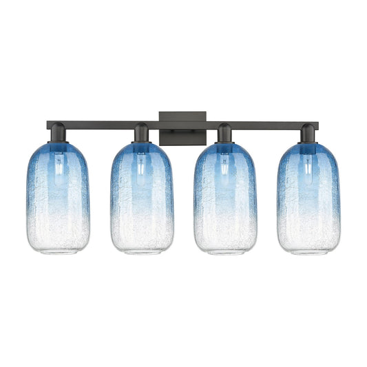 Innovations Brookhaven Cloche 34in 4-Light Bath Vanity | Industrial Matte Black Steel and Sapphire Blue Glass | Bathroom Vanity | Model 716-4W-BK-G482-7SB