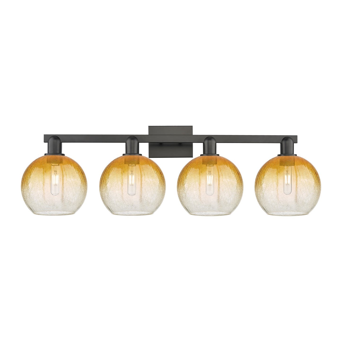 Innovations Brookhaven Globe 35in 4-Light Bath Vanity | Industrial Matte Black Steel and Amber Glass | Damp-Rated Bathroom & | Model 716-4W-BK-G483-8AM