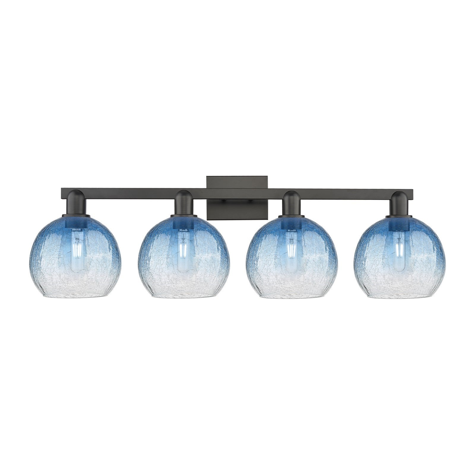 Innovations Brookhaven Globe 35in 4-Light Bath Vanity Light | Industrial Matte Black Steel and Sapphire Blue Glass | Bathroom | Model 716-4W-BK-G483-8SB
