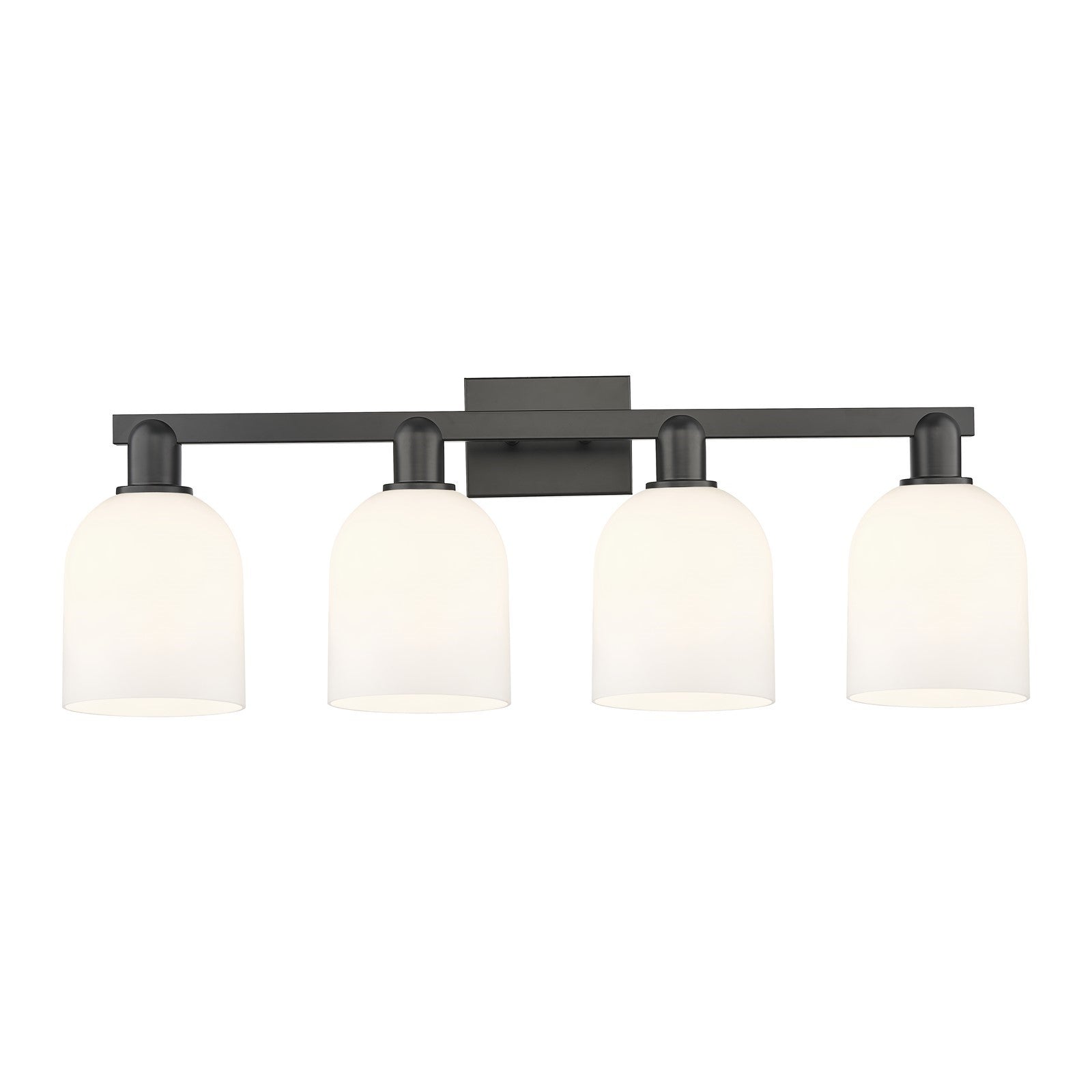 Innovations Bella 33in 4-Light Bath Vanity Light | Industrial Matte Black Steel and Cast Brass with White Glass Shade | Model 716-4W-BK-G558-6GWH