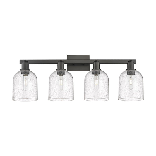 Innovations Bella 33in 4-Light Bath Vanity Light | Industrial Matte Black Steel and Seedy Glass | Bathroom Vanity | Model 716-4W-BK-G558-6SDY