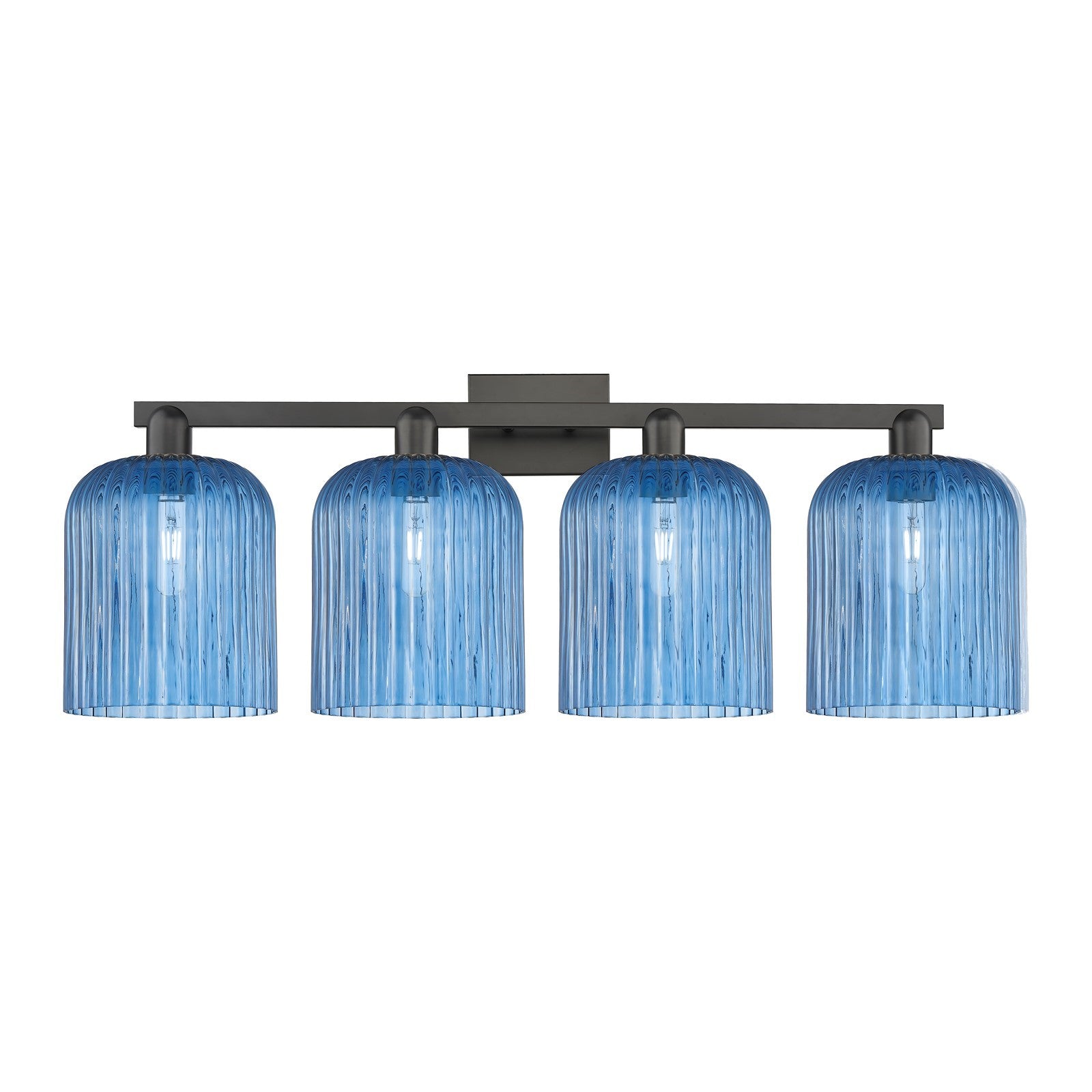 Innovations Bridal Veil 35in 4-Light Bath Vanity Light | Industrial Matte Black Steel and Princess Blue Ribbed Glass | Bathroom | Model 716-4W-BK-G559-8BL