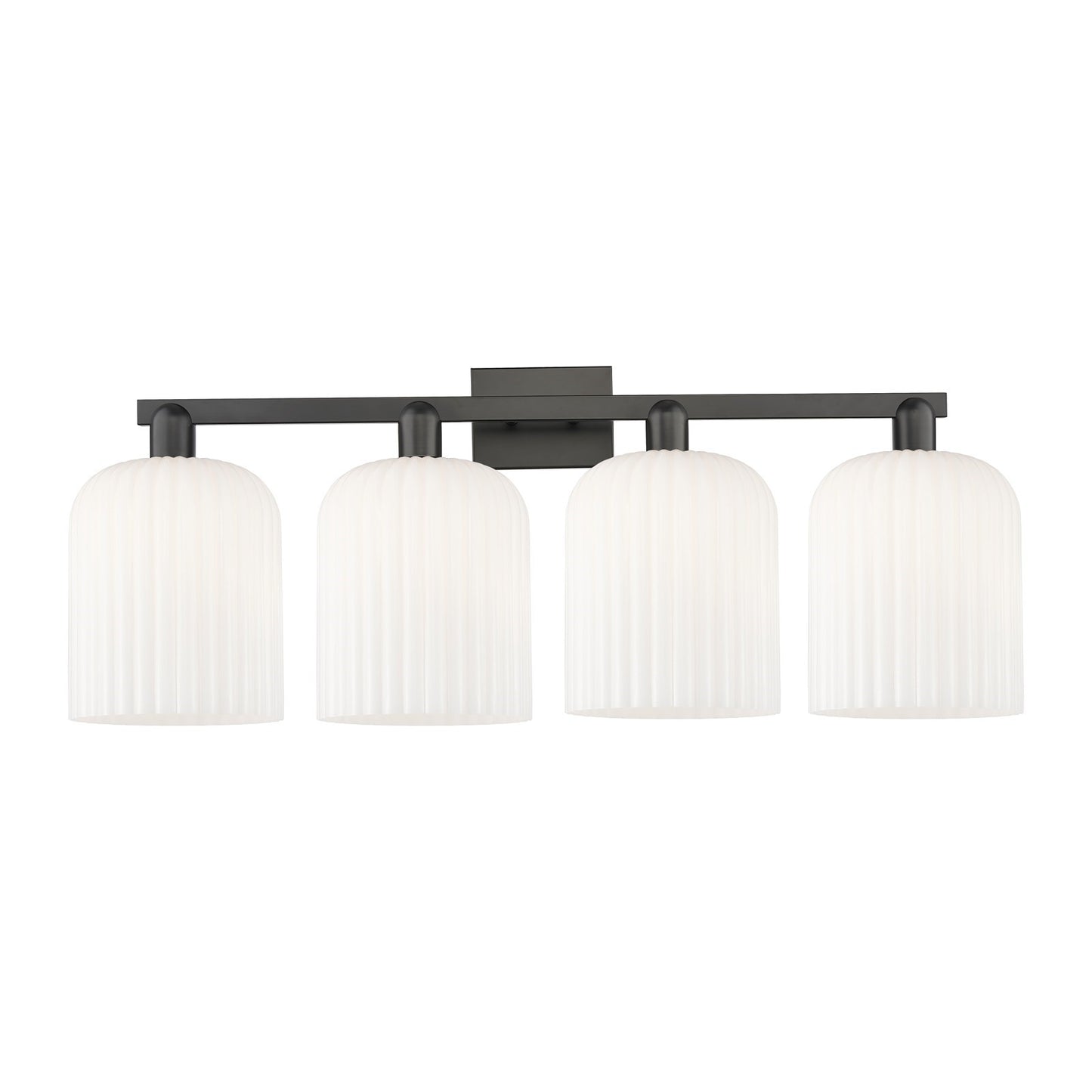 Innovations Bridal Veil 35in 4-Light Bath Vanity Light | Industrial Matte Black Steel and Gloss White Ribbed Glass | Bathroom | Model 716-4W-BK-G559-8GWH