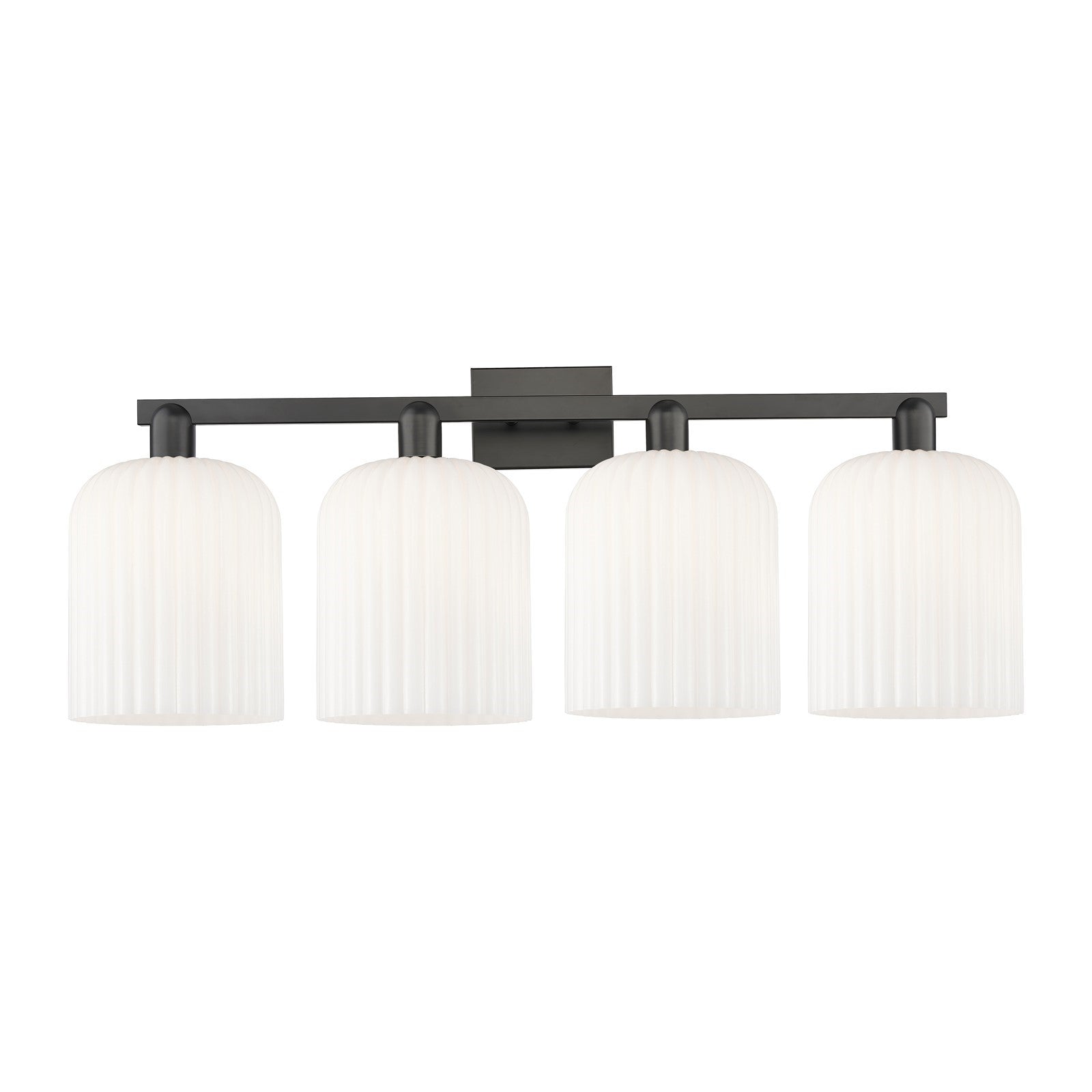 Innovations Bridal Veil 35in 4-Light Bath Vanity Light | Industrial Matte Black Steel and Gloss White Ribbed Glass | Bathroom | Model 716-4W-BK-G559-8GWH