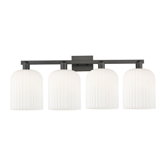 Innovations Bridal Veil 35in 4-Light Bath Vanity Light | Industrial Matte Black Steel and Gloss White Ribbed Glass | Bathroom | Model 716-4W-BK-G559-8GWH