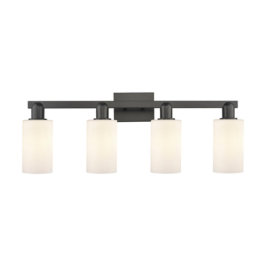 Innovations Clymer 31in 4-Light Bath Vanity Light | Industrial Matte Black Steel and Matte White Glass | Bathroom Vanity & Powder | Model 716-4W-BK-G801