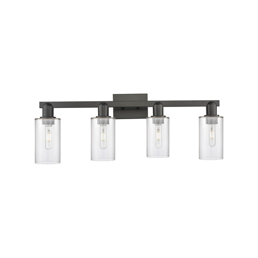Innovations Clymer 31in 4-Light Bath Vanity Light | Industrial Matte Black Steel and Clear Glass | Bathroom Vanity | Model 716-4W-BK-G802