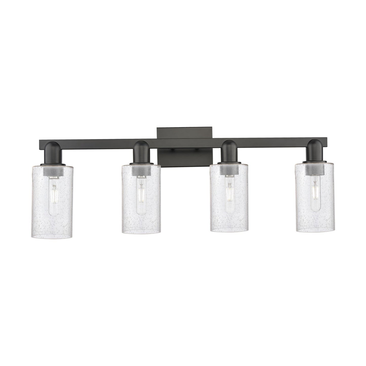 Innovations Clymer 31in 4-Light Bath Vanity Light | Industrial Matte Black Steel and Seedy Glass | Bathroom Vanity | Model 716-4W-BK-G804