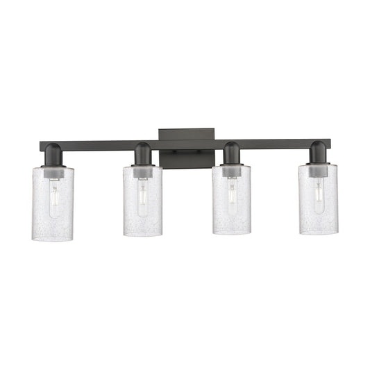Innovations Clymer 31in 4-Light Bath Vanity Light | Industrial Matte Black Steel and Seedy Glass | Bathroom Vanity | Model 716-4W-BK-G804