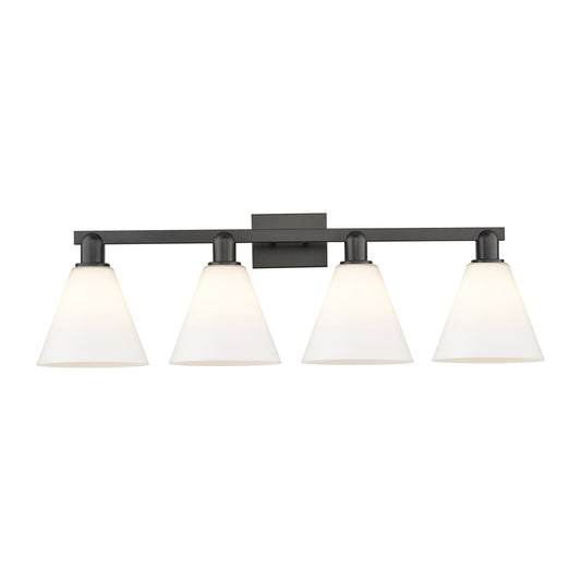 Innovations Berkshire Glass 35in 4-Light Bath Vanity | Industrial Matte Black Steel and Matte White Glass | Bathroom Vanity Light | Model 716-4W-BK-GBC-81