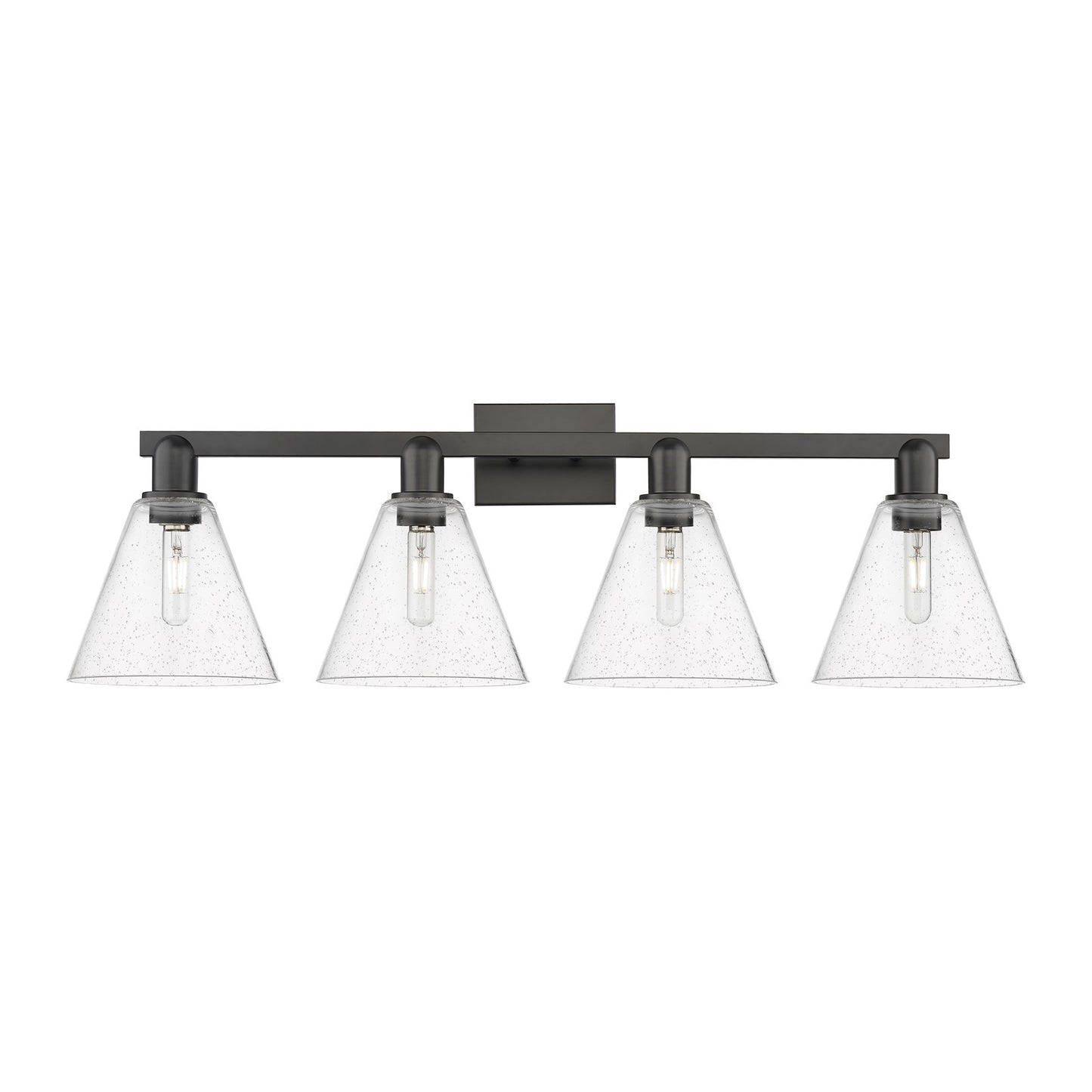 Innovations Berkshire Glass 35in 4-Light Bath Vanity | Industrial Matte Black Steel and Seedy Cone Glass | Bathroom Vanity Light | Model 716-4W-BK-GBC-84