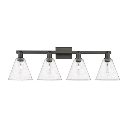 Innovations Berkshire Glass 35in 4-Light Bath Vanity | Industrial Matte Black Steel and Seedy Cone Glass | Bathroom Vanity Light | Model 716-4W-BK-GBC-84