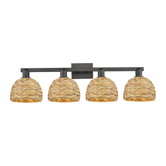 Innovations Woven Rattan 35in 4-Light Bath Vanity | Industrial Matte Black Steel and Natural Fiber Dome Shades | Bathroom | Model 716-4W-BK-RBD-8-NAT