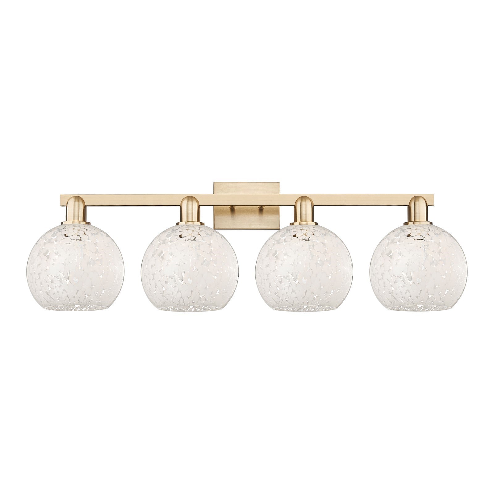 Innovations White Mouchette 35in 4-Light Bath Vanity | Industrial Champagne Bronze Steel and White Glass Globe Shades | Model 716-4W-CB-G1216-8WM