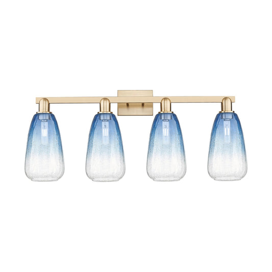 Innovations Brookhaven Almond 33in 4-Light Bath Vanity Light | Industrial Champagne Bronze Steel and Sapphire Blue Glass | Model 716-4W-CB-G480-6SB