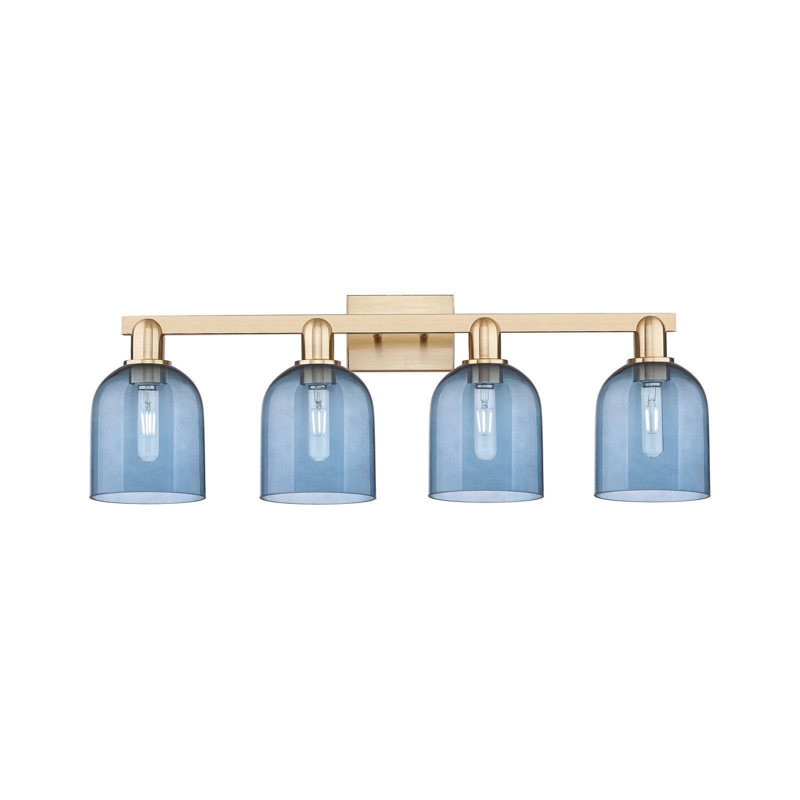 Innovations Bella 33in 4-Light Bath Vanity Light | Industrial Champagne Bronze Steel and Blue Glass | Bathroom Vanity | Model 716-4W-CB-G558-6BL