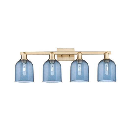 Innovations Bella 33in 4-Light Bath Vanity Light | Industrial Champagne Bronze Steel and Blue Glass | Bathroom Vanity | Model 716-4W-CB-G558-6BL