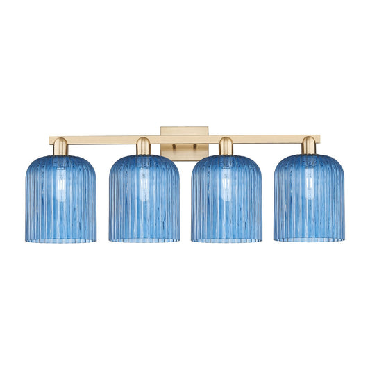 Innovations Bridal Veil 35in 4-Light Bath Vanity Light | Industrial Champagne Bronze Steel and Princess Blue Ribbed Glass | Model 716-4W-CB-G559-8BL