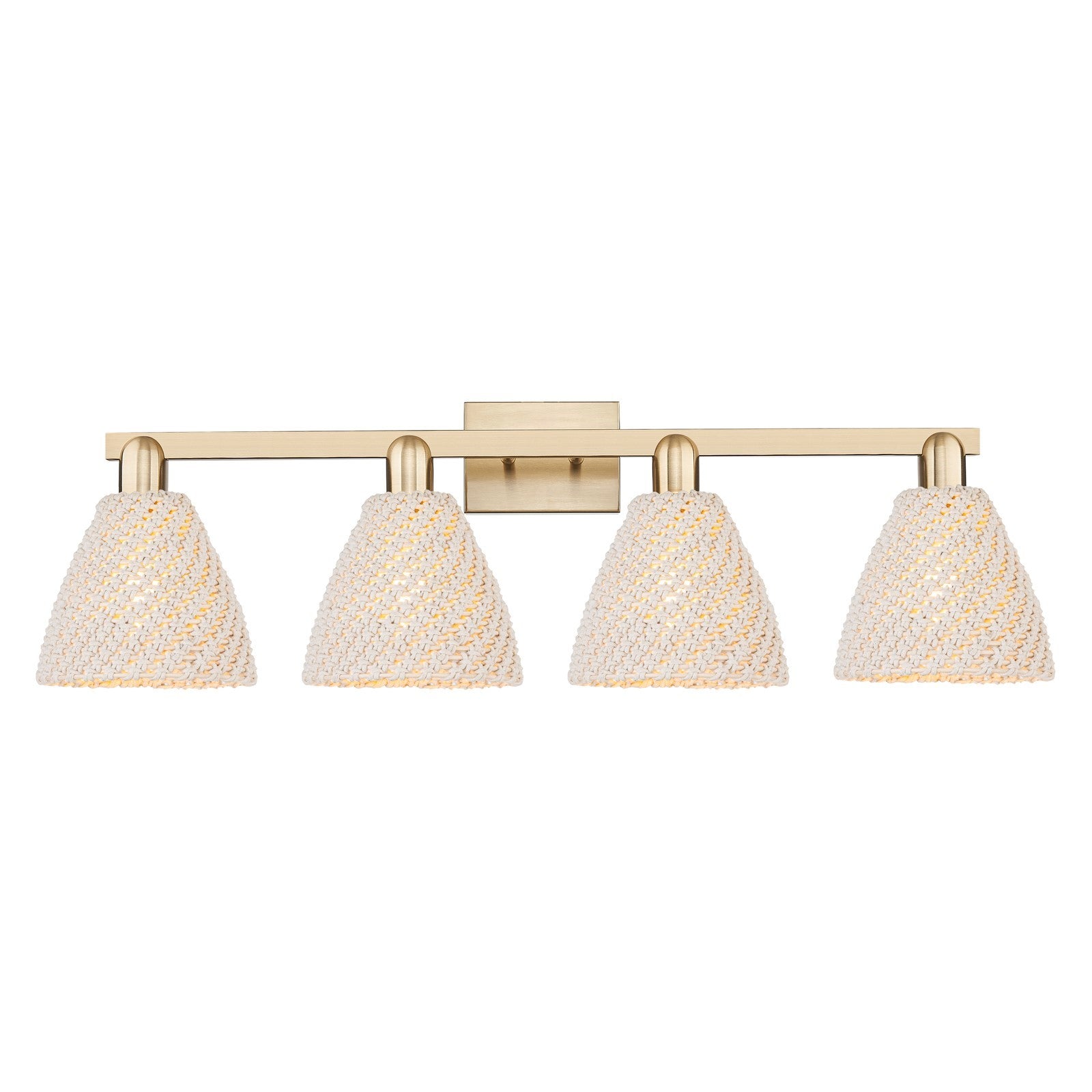 Innovations Bristol Natural 34.5in 4-Light Bath Vanity | Farmhouse Champagne Bronze Steel and Natural Fiber Dome Shades | Model 716-4W-CB-NBD-75-NAT