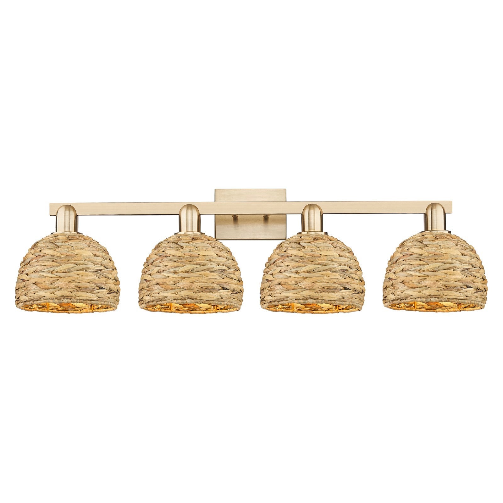 Innovations Woven Rattan 35in 4-Light Bath Vanity Light | Industrial Champagne Bronze Steel and Natural Fiber Dome Shade | Model 716-4W-CB-RBD-8-NAT