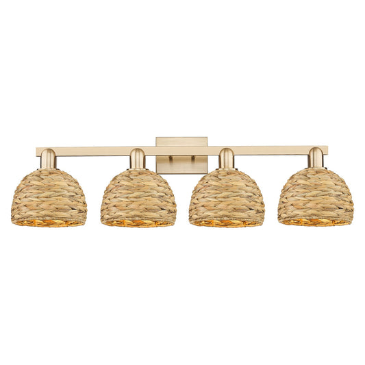 Innovations Woven Rattan 35in 4-Light Bath Vanity Light | Industrial Champagne Bronze Steel and Natural Fiber Dome Shade | Model 716-4W-CB-RBD-8-NAT