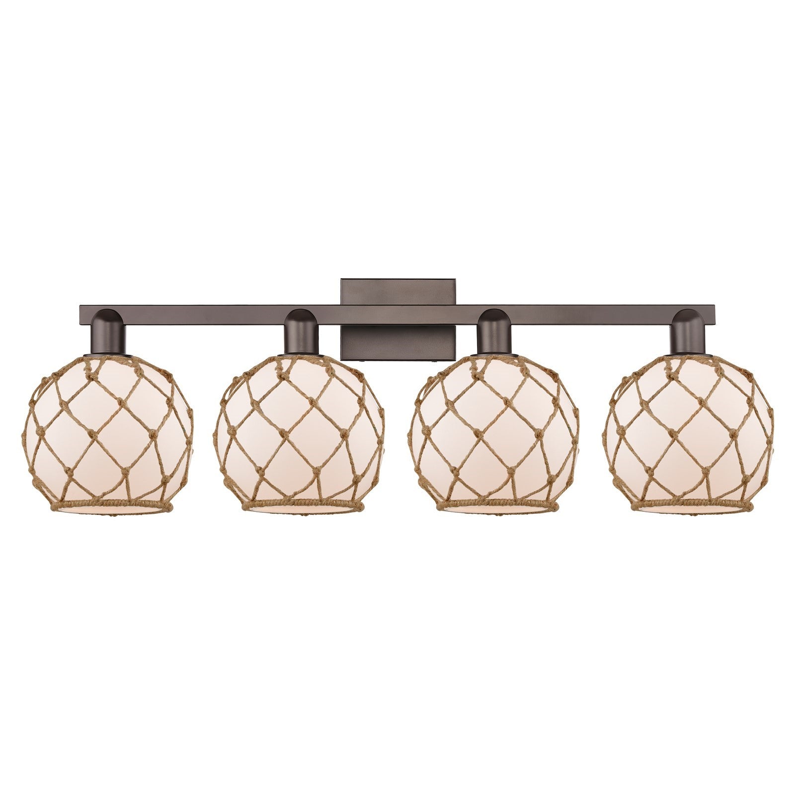 Innovations Farmhouse Rope 35in 4-Light Bath Vanity Light | Industrial Oil Rubbed Bronze and White Frosted Glass with Brown | Model 716-4W-OB-G121-8RB