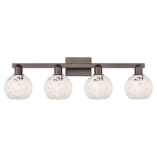 Innovations White Mouchette 33in 4-Light Bath Vanity Light | Industrial Oil Rubbed Bronze and White Mouchette Glass | Bathroom | Model 716-4W-OB-G1216-6WM